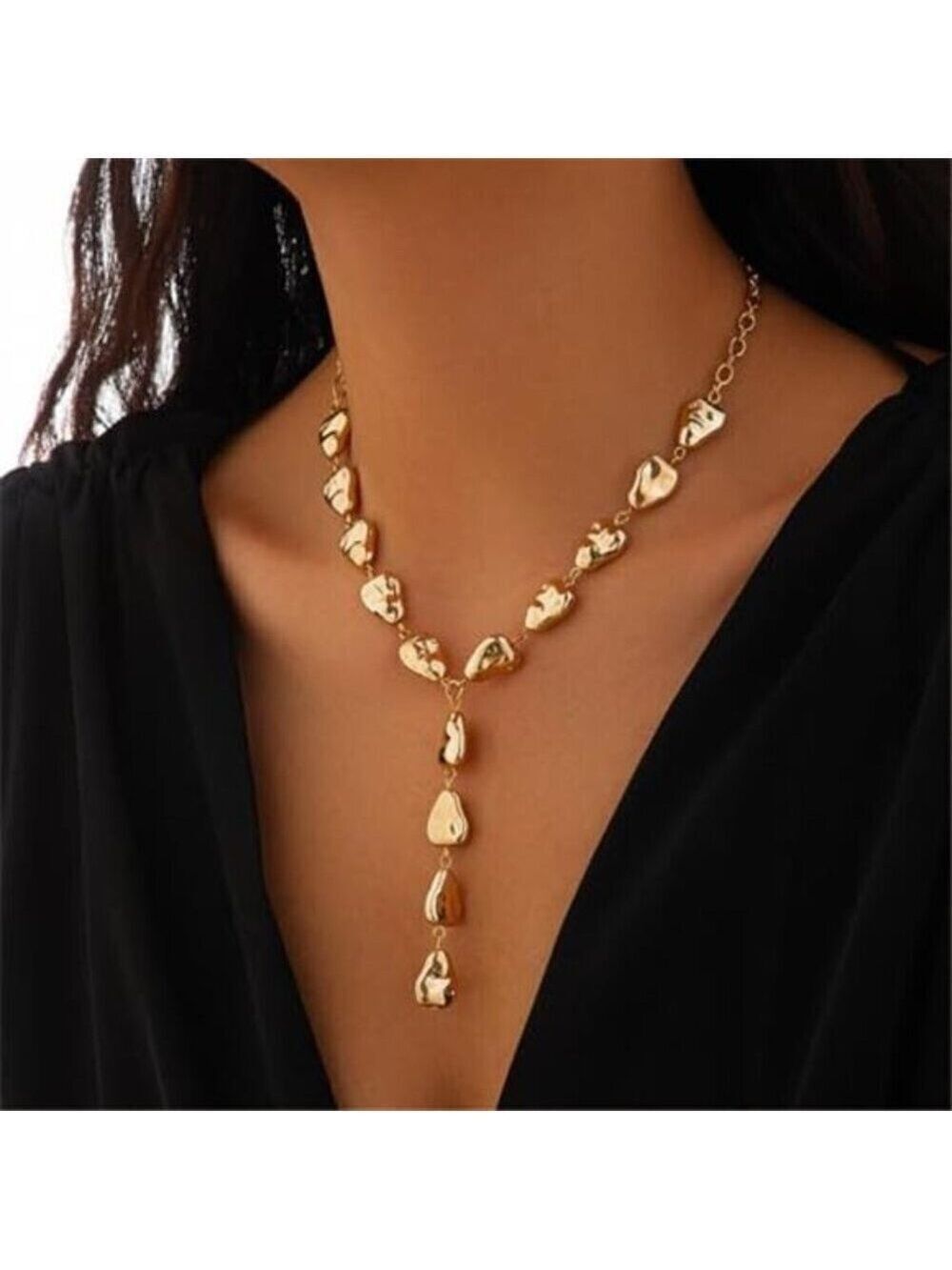 Gold Baroque Teardrop Lariat Necklace Geometric Vintage Style Pendant